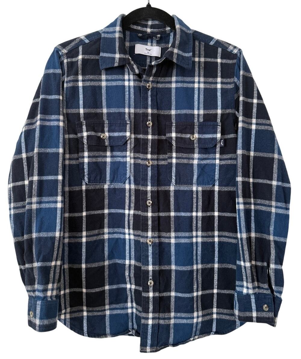 Aritzia TNA Blue White Flannel Button Down Long Sleeve Size XS Grunge Lumberjack
